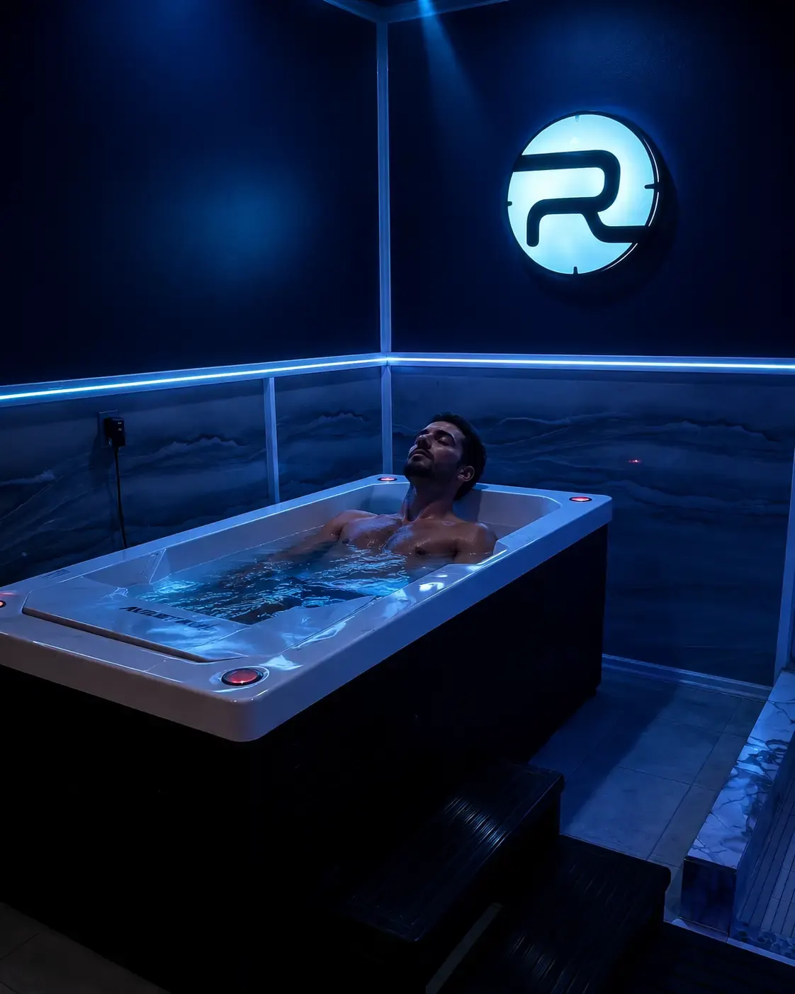 Guest relaxing in a blue-lit cold plunge at Rest Recovery